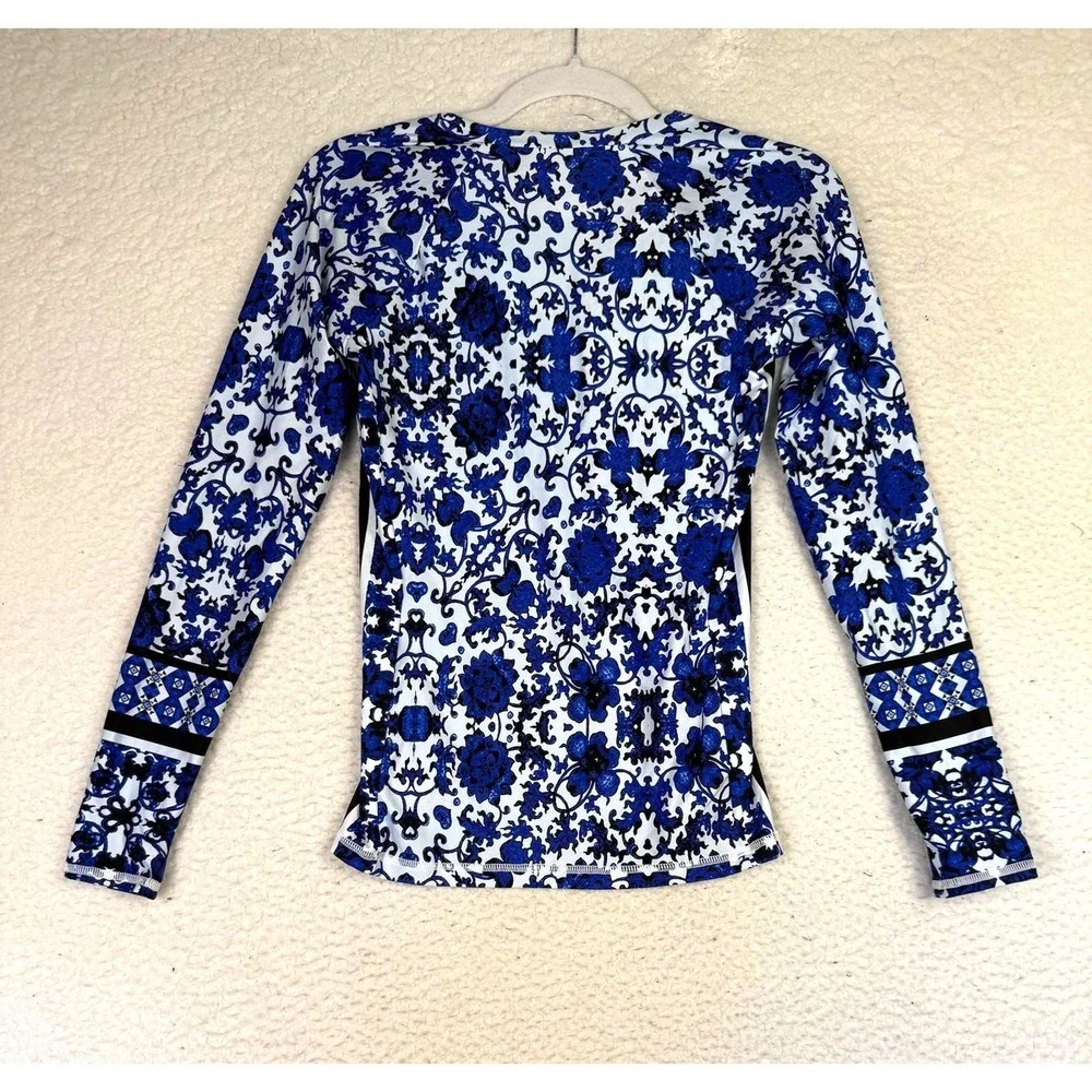 Nanette Lepore Rash‎ Guard Womens Small Blue Floral Long Sleeve Zip Swim Shirt